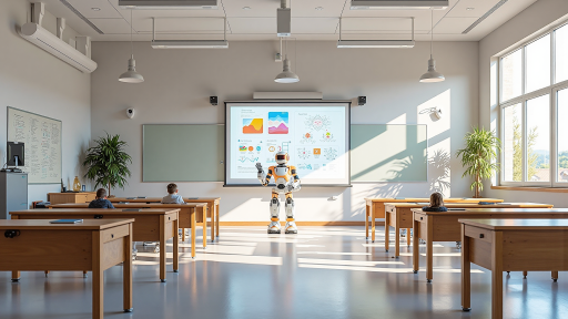 教育机构智能化教学系统展示,现代化教室内的智能教学设备,教师正在使用互动屏幕授课,学生在认真听课,展现智慧教育的应用场景