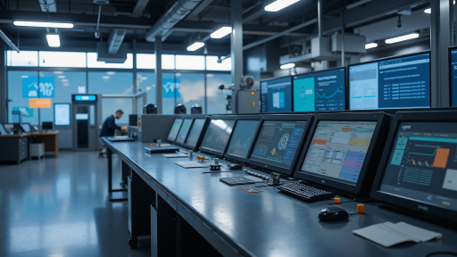 物流企业智能调度系统展示,现代化物流中心内有多个工作人员在监控大屏前工作,显示货物运输路线和实时状态,展现智慧物流的应用场景