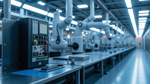 制造企业智能化改造项目现场,现代化工厂车间内有多个自动化设备正在运行,工人在监控设备状态,展现智能制造的生产场景