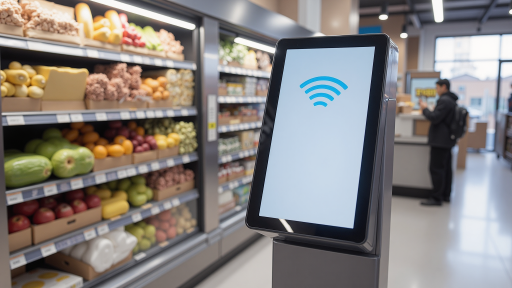 零售企业智慧门店系统展示,现代化零售店铺内有智能收银设备和电子显示屏,顾客正在购物,展现智慧零售的应用效果