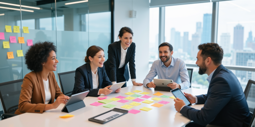 会议室内的团队讨论场景,几名员工围坐在会议桌前进行讨论,桌上摆放着笔记本电脑和文件,墙上挂着白板,展现团队协作的工作状态